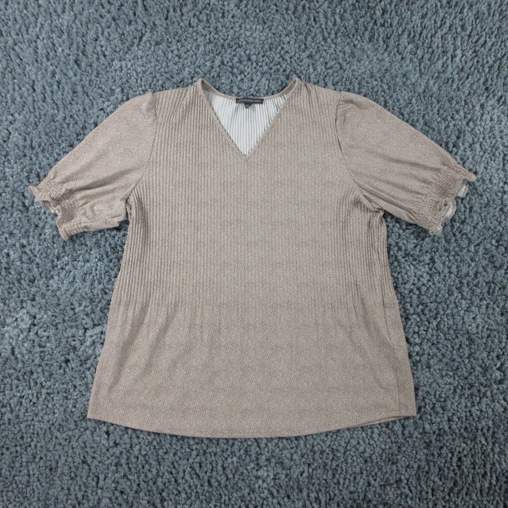 Adrianna Papell Shirt Womens Medium Beige White Geometric V-Neck Elastic Sleeve